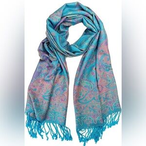 Luxury Teal Paisley Pashmina Scarf - Soft Cashmere Blend Jacquard Shawl - EUC